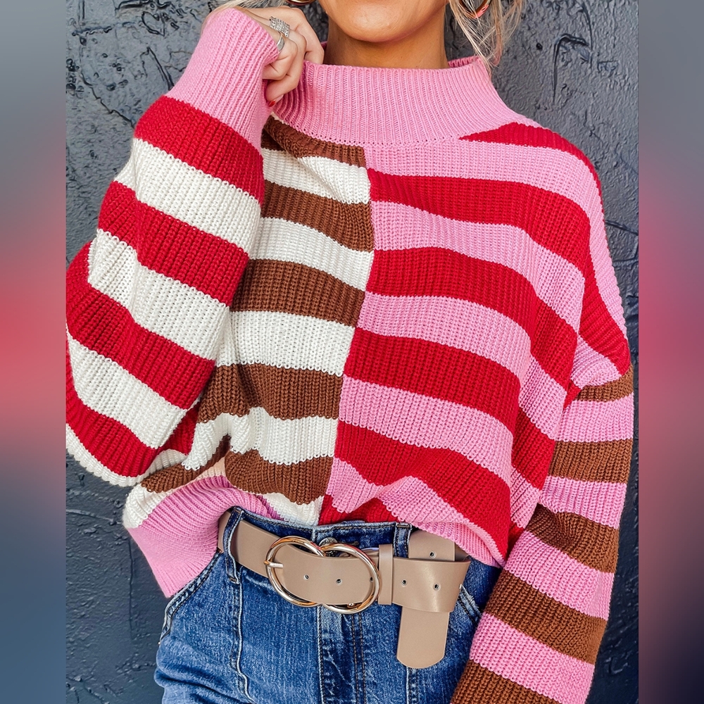 ⭐️ J-12 Pink Stripe Color Block High Neck Drop Shoulder Sweater - Picture 1 of 5